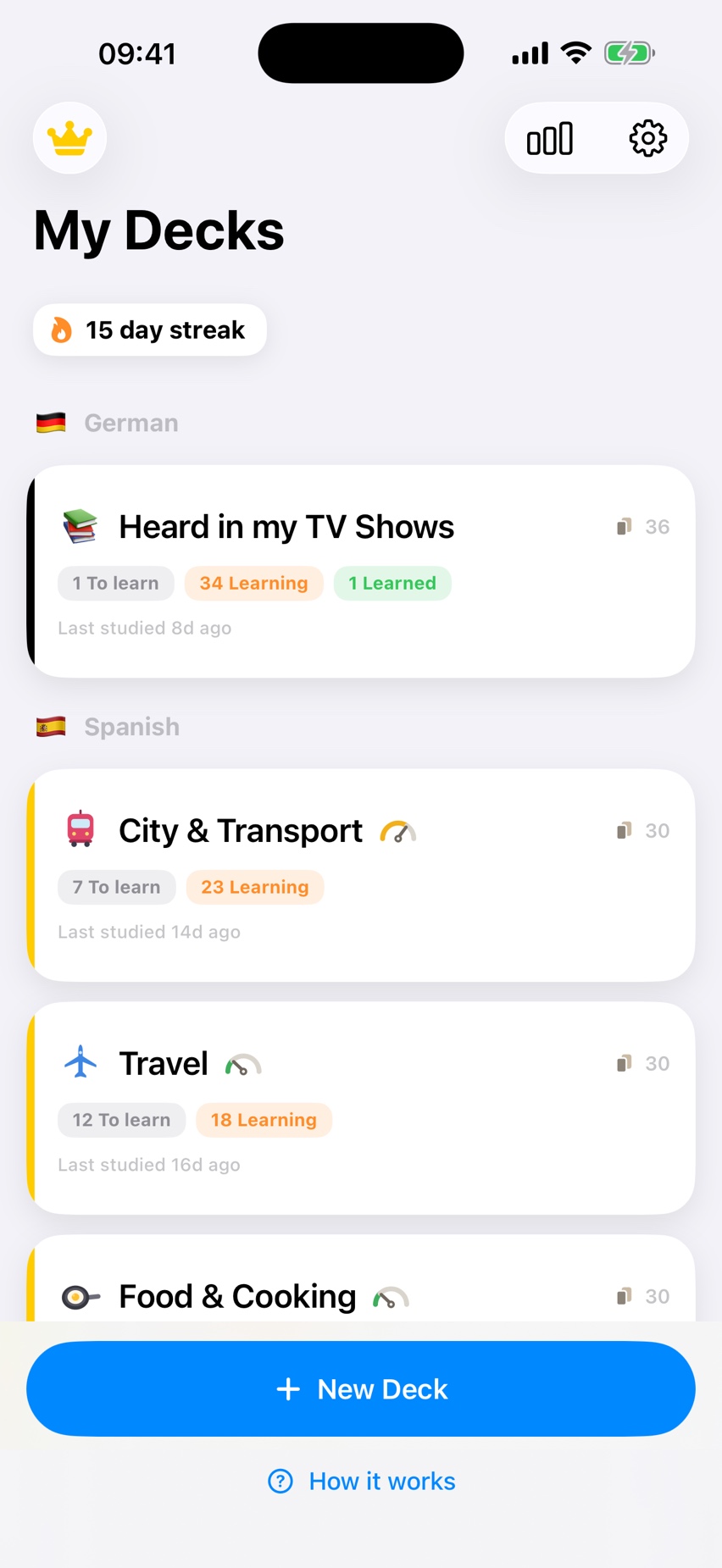 The WunderCards home screen, showing decks and a study streak